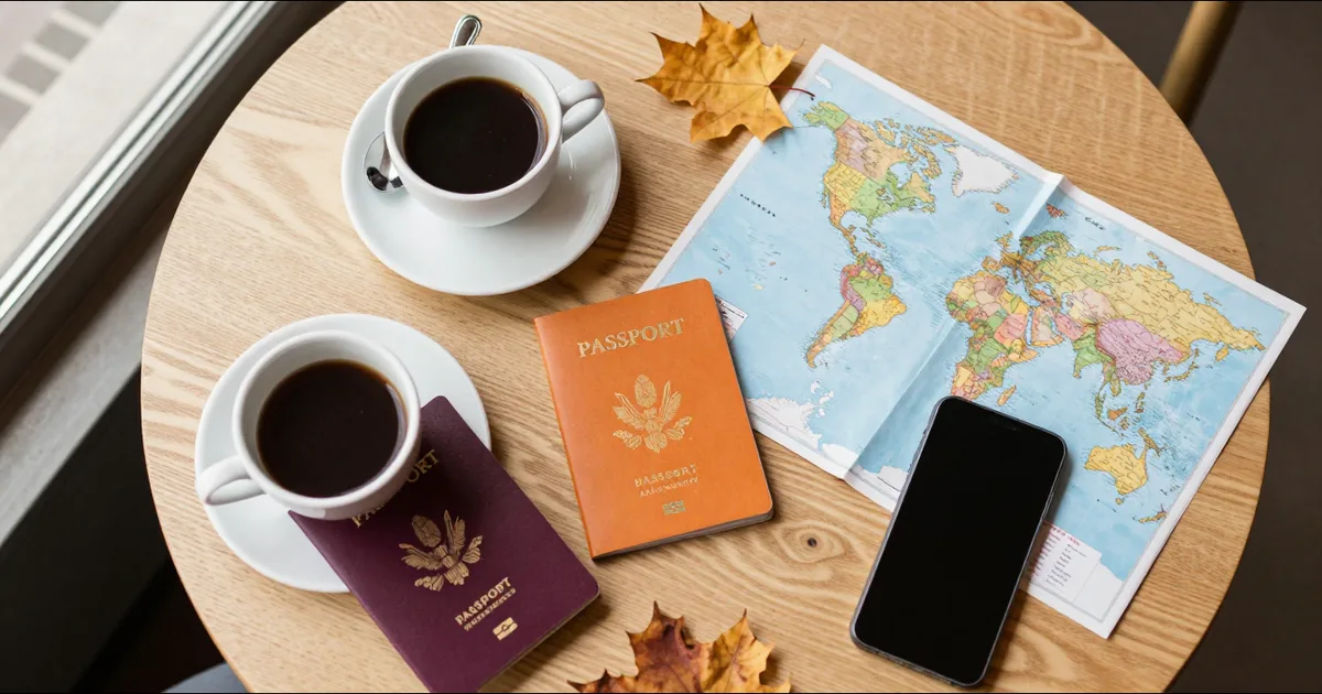 Two coffee cups, passports and a world map on a cafe table