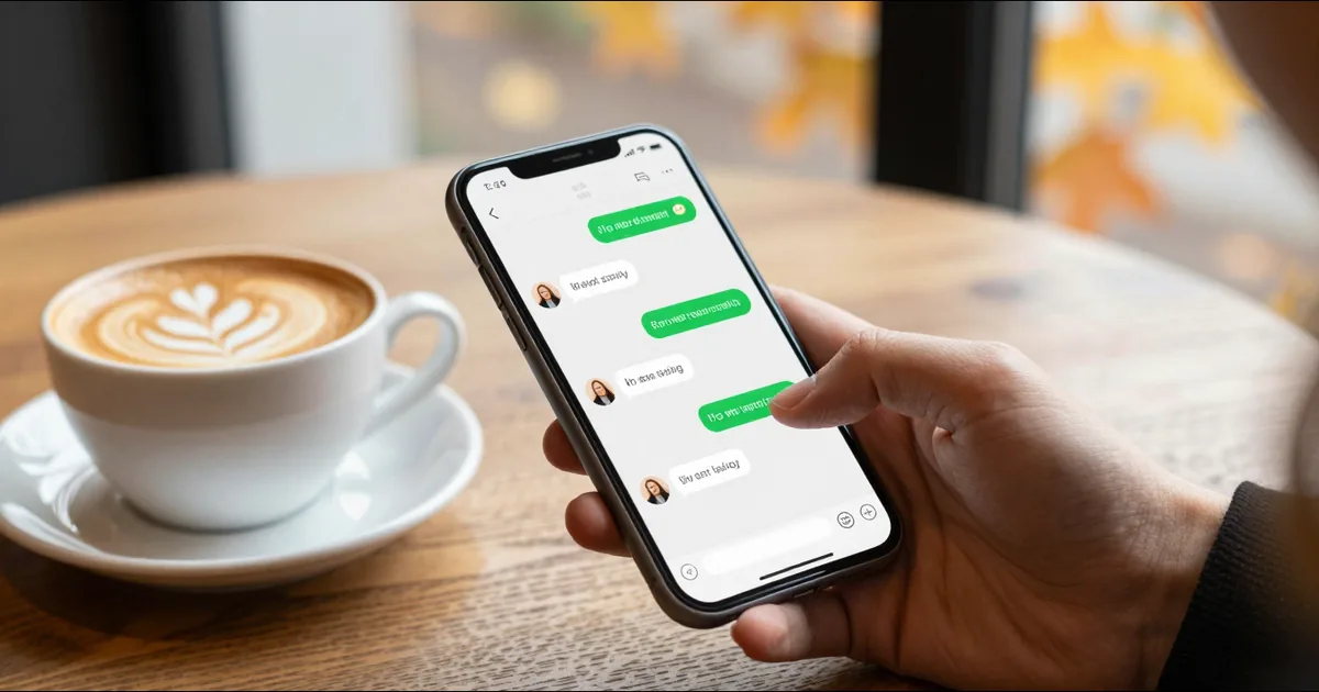 A smartphone showing a chat conversation on a cafe table