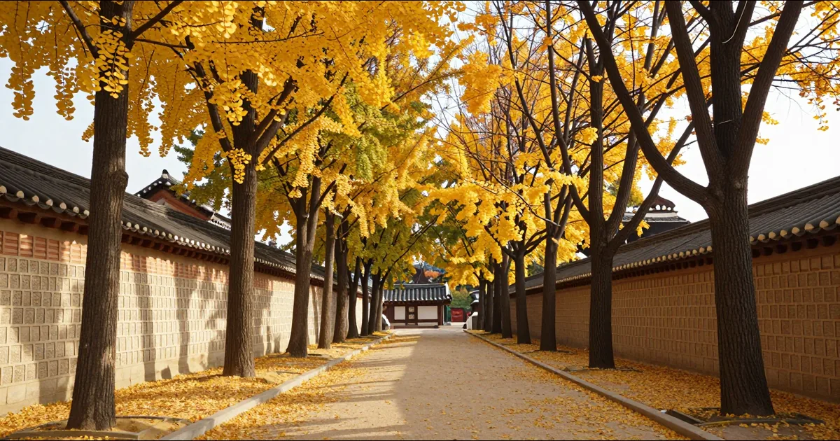 A stone palace wall path covered in yellow ginkgo leaves