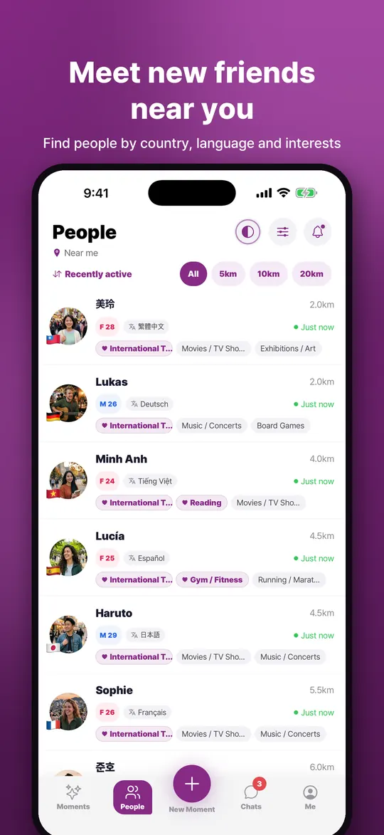 People list filtered by distance. Image text: Meet new friends near you. Find people by country, language and interests.