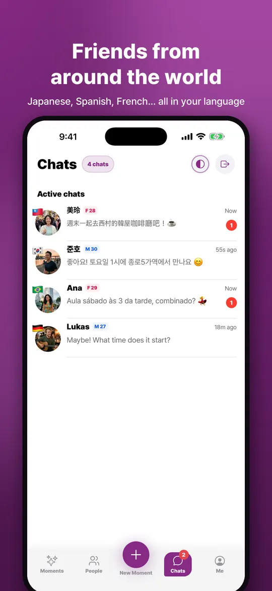 Chat list with friends from several countries. Image text: Friends from around the world. Japanese, Spanish, French… all in your language.